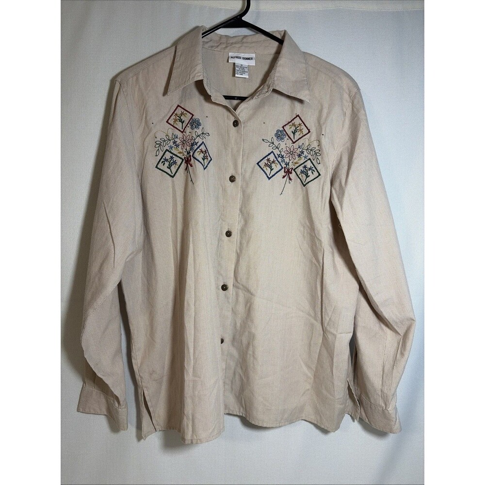 Vintage Alfred Dunner Women’s 16 Embroidered Tan Striped Shirt Metal Buttons